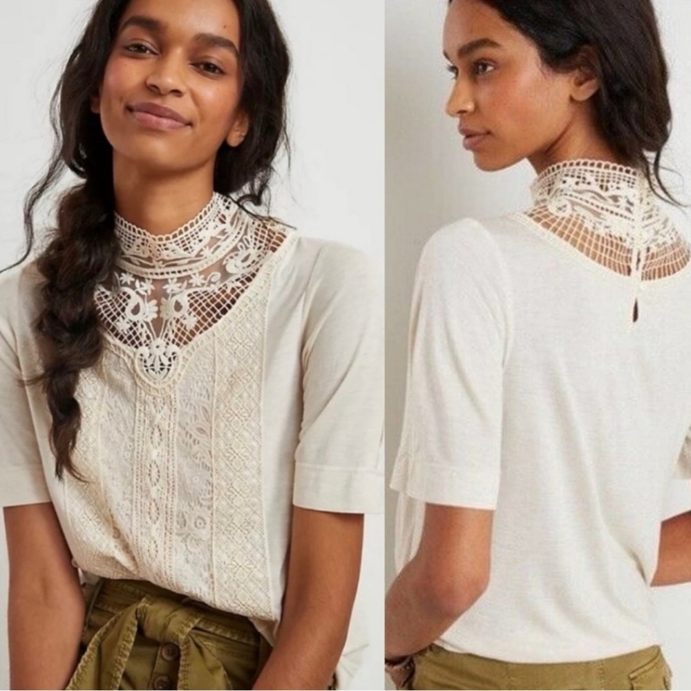 Anthropologie Femme Victorian High Neck Lace Top